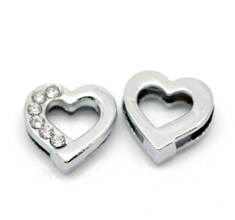 Doreen Box hot- 20PCs Silver Tone Rhinestone Love Heart Charm Beads Spacer Slider 13mmx12mm (B20076) | Украшения и аксессуары
