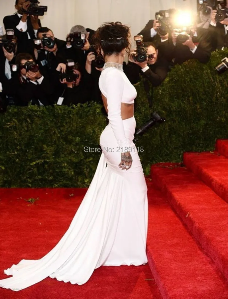 New-Rihanna-Celebrity-Dresses-White-Sexy-Two-Piece-Long-Mermaid-High-Collar-Crystals-Open-Back-Red (2)