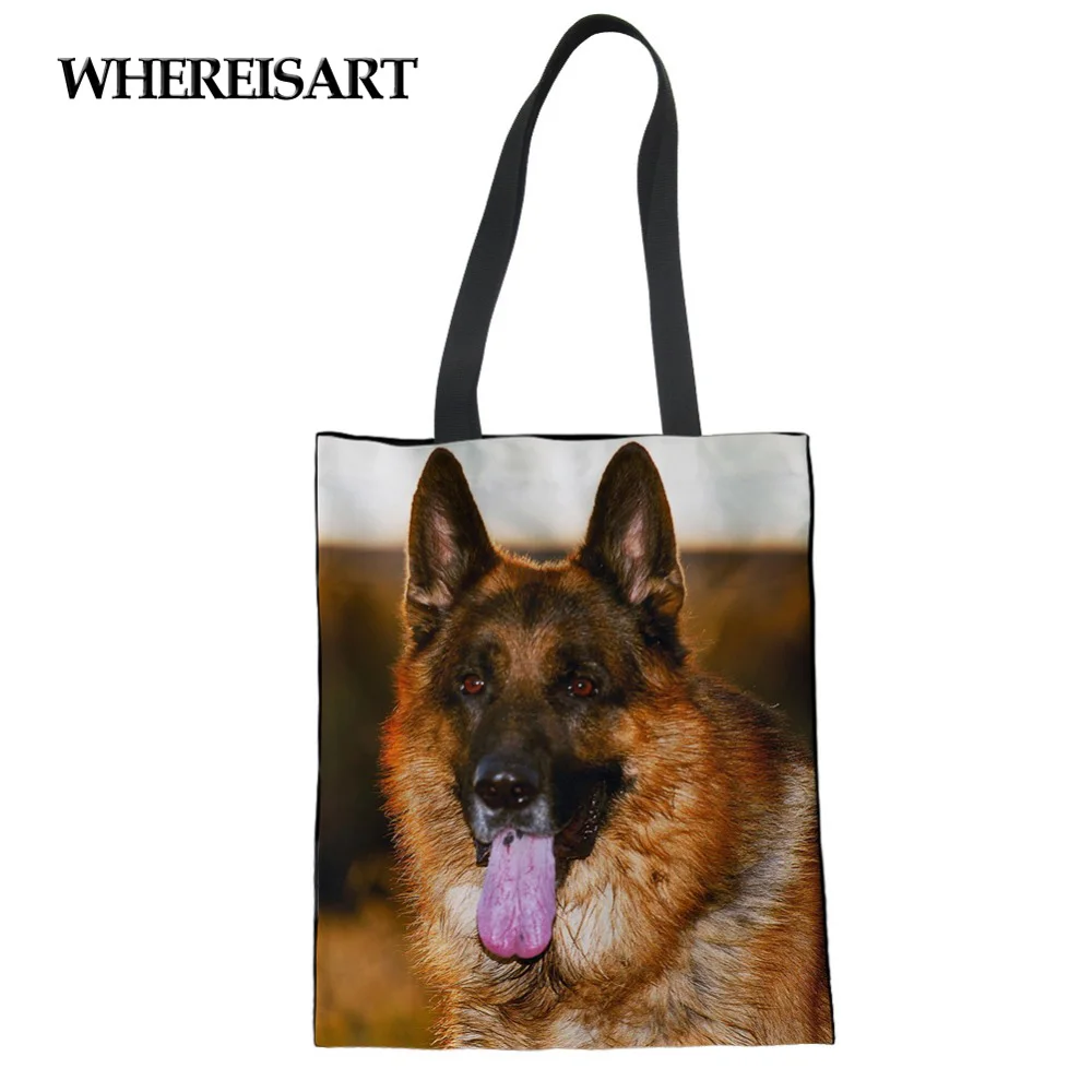 WHEREISART модная, сумка, шоппинга, немецкая овчарка, парусиновая ткань, многоразовая сумка для продуктов, Большая складная полосатая Эко сумка