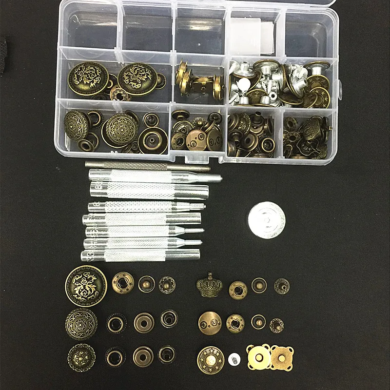 

14-26mm 7Style 48sets Metal Snap Fastener Press Stud Buttons Poppers Leather Craft Magnet Button Jeans Button+9pcs Tools Kit