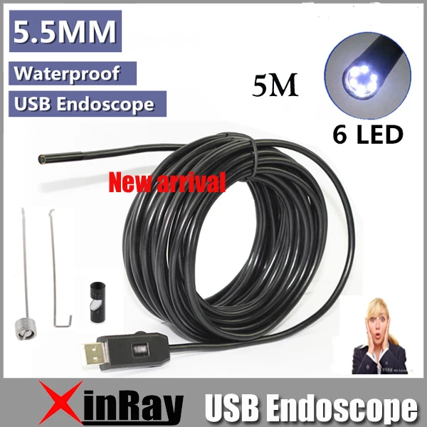 М XinFly 5 м USB эндоскопа Инспекционная камера IC5M 0.3MP мм 5,5 мм Диаметр 6LED и 3 Accessaries водостойкая инспекционная бороскоп камера