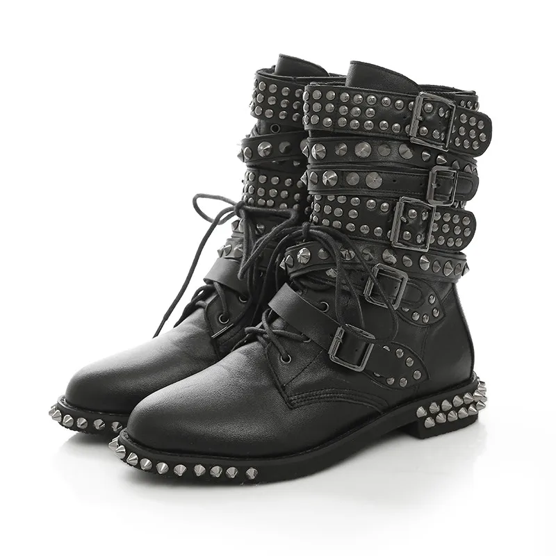 Новые модные женские ботильоны; пикантные ботинки с заклепками на квадратном каблуке с круглым носком; обувь высокого качества черного цвета; женская обувь; американские размеры 5-10,5 - Цвет: AS10281