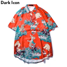 Dark Icon Chinese Traditional Printed Men's Shirt Short Sleeve Hip Hop Shirts Men Red Shirt for Men