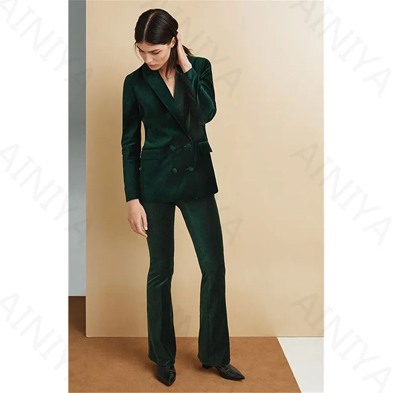 New Drak Green Velvet Women's Stylish Pants Suits Formal Working Wear