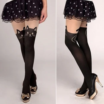 

Women Sexy Stockings Tights Pantyhose Cat Pattern Print Cross Strap Cartoon Spring Autumn Stockings