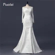 Custom Made Real Long Sleeves Off the Shoulder Appliques Satin Mermaid Wedding Dresses with Crystal Long Bridal Gown FW85