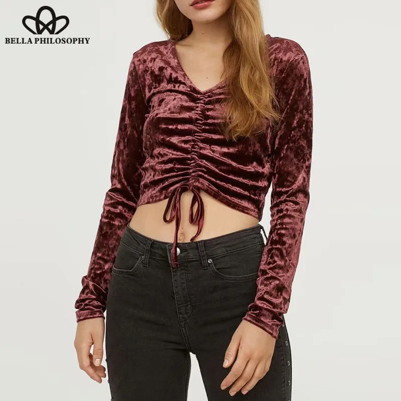 Wonder Spring Long Sleeve Velvet Blouse Vintage Drawstring Female V-Neck Blouse Casual Lady Sexy Skinny Blouse Short Top