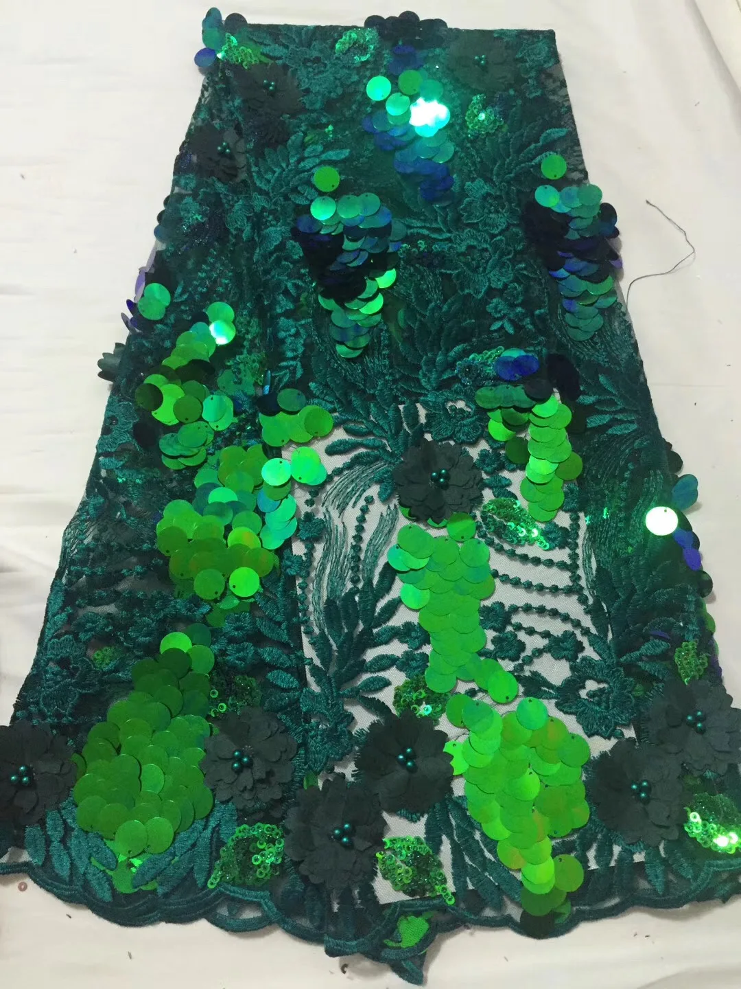 

Blue Green Nigerian Lace Fabric Wedding, 3D Flower Lace Fabric With Beads, Latest Lace Fabric High Quality Lace CD2890