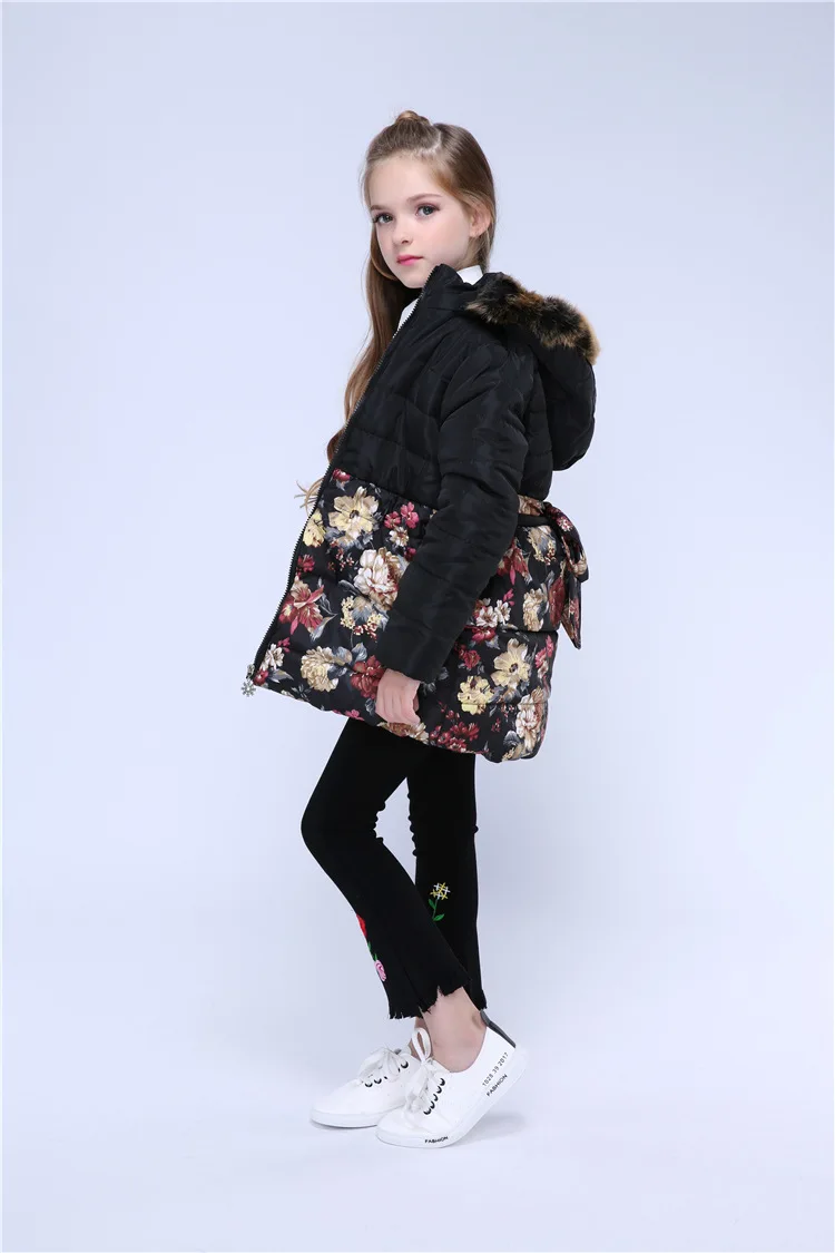 Пуховая куртка с капюшоном и цветочным рисунком для девочек; флисовая детская верхняя одежда; Длинная зимняя теплая одежда; плотные пальто для девочек; модная верхняя одежда