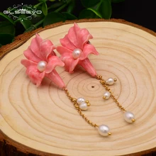 GLSEEVO 925 Sterling Silver Coral Pink Flower Drop Earrings For Women Natural Pearl Dangle Chain Piercing Earrings New GE0006