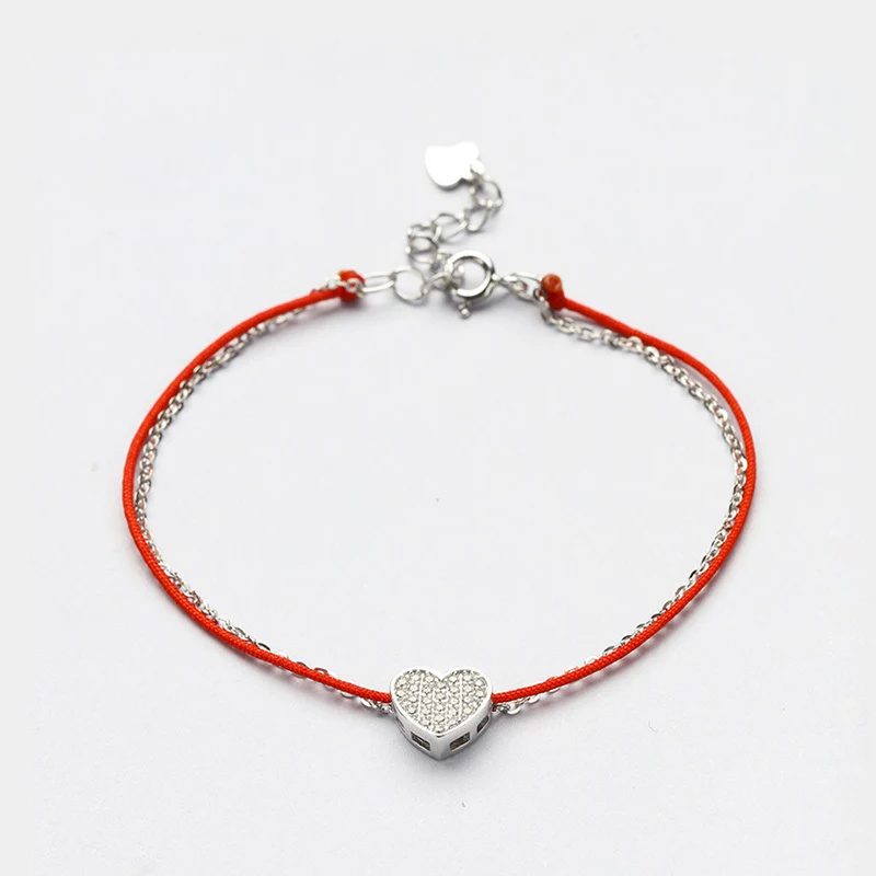 

La MaxZa 925 Sterling Silver Double Layer Chain Heart Charm Bracelets Red Line Thread String Rope Jewelry Bracelets For Women