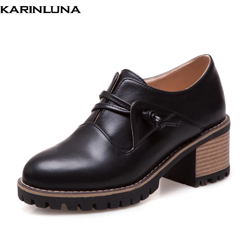 

KarinLuna plus size 34-43 2019 round toe woman pumps shoes leisure square heels platform casual women's shoes