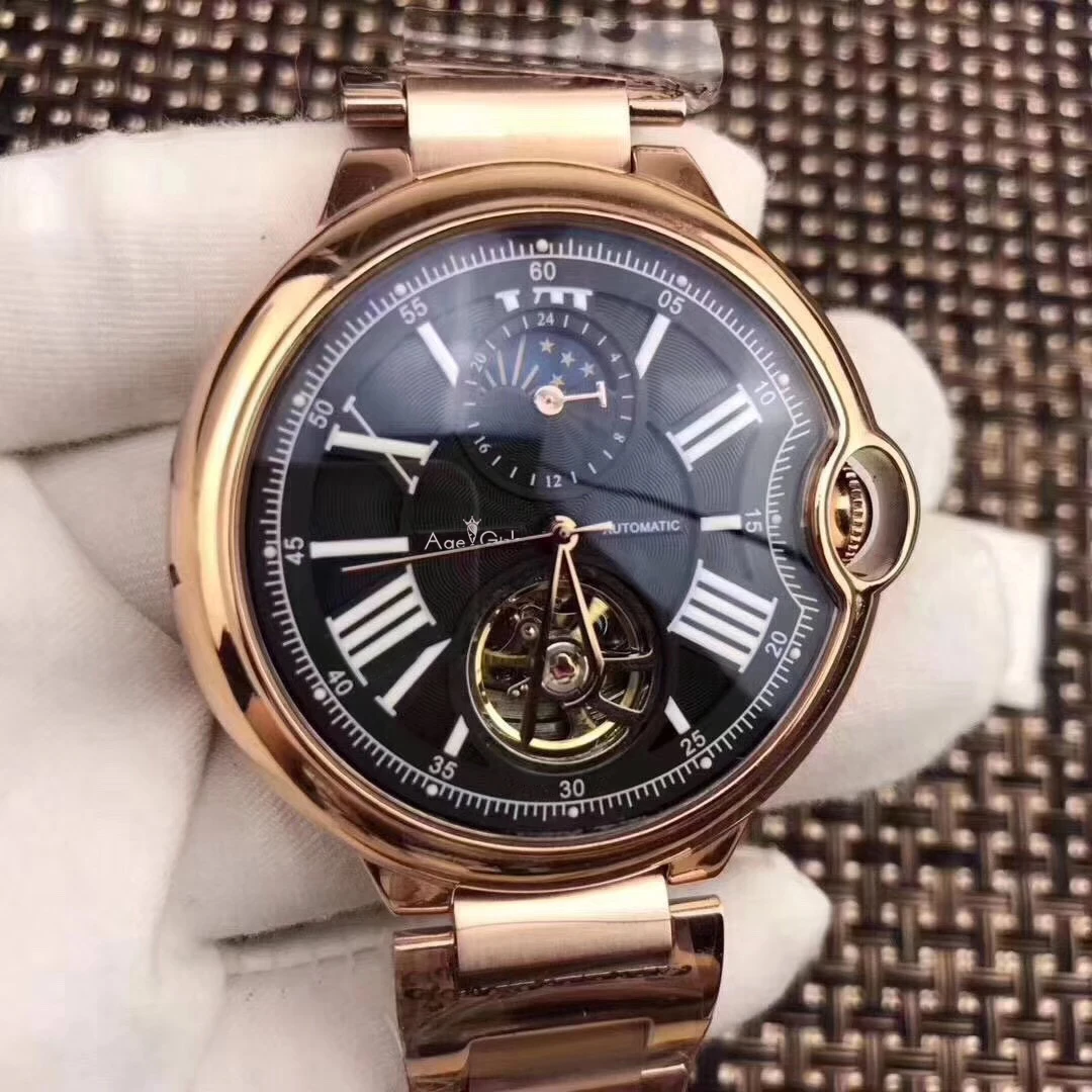 

Luxury Brand New Automatic Mechanical Men Watch Leather Silver Rose Gold Transparent MoonPhase Watches Black Blue Tourbillion