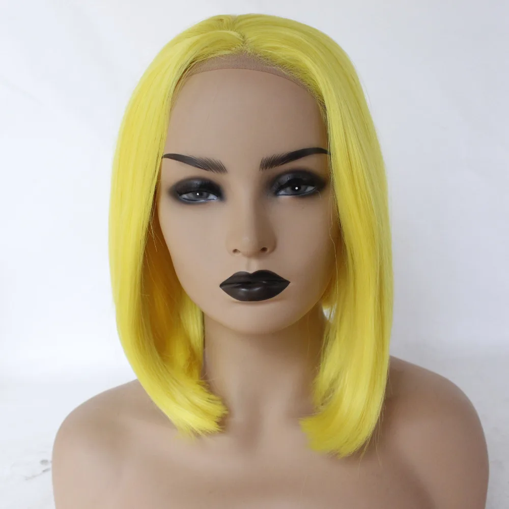High Yellow Glueless Synthetic Lace Front Bob Wig Middle Part Halloween