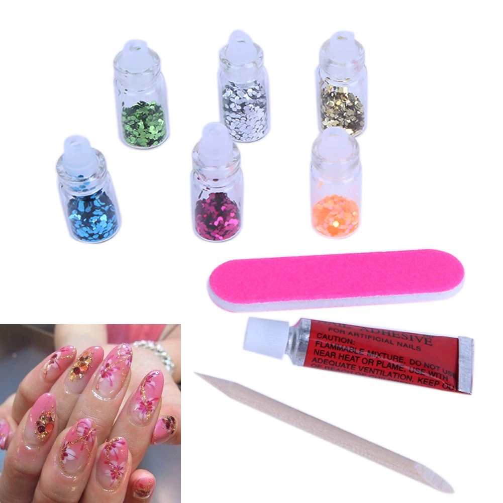 6 Bottles Resin Sequins Nail Art Sticker Diamond Round Gem Glue DIY