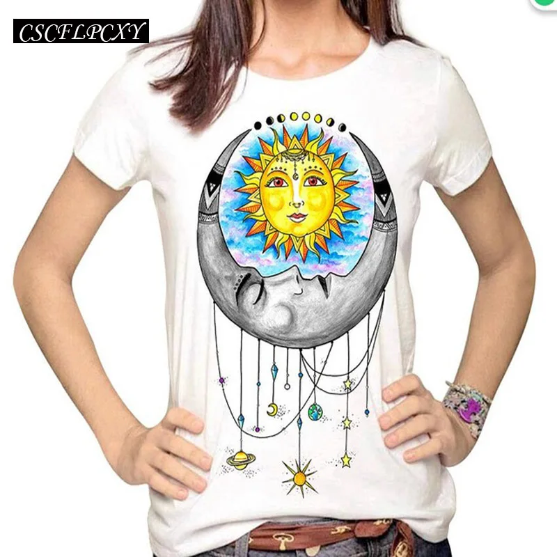 Женская мода хипстер солнце и луна мультфильм печатных топы Tumblr Harajuku карандаш рисунок 3D футболка