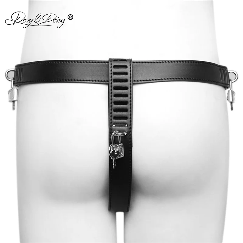 DAVYDAISY Men Chastity Belt Lock Cock Panties PU Leather Gay Fetish Thongs Sexy Lingerie Exotic Briefs Male Underwear UN533