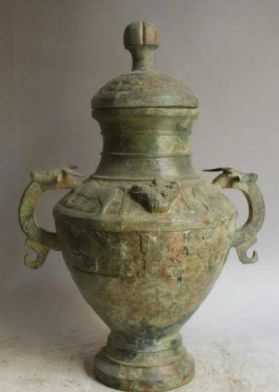 

Elegant old S2127 18" Old Chinese Bronze Folk Dragon Beast handle food vessel kettle Pot Jar Crock statue