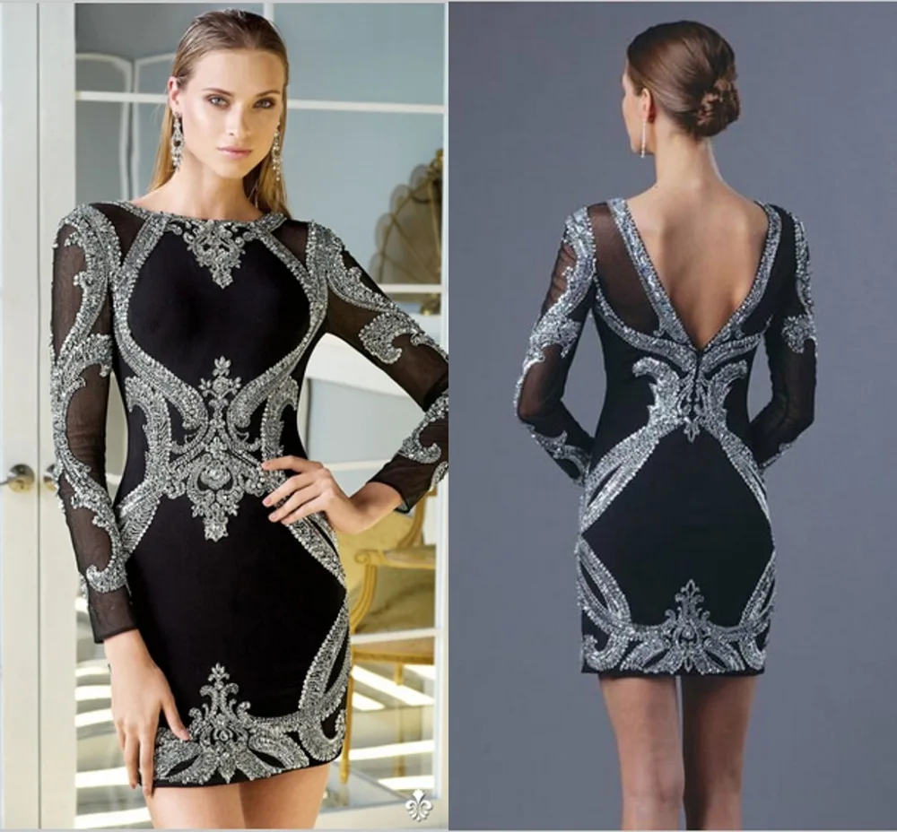 Sexy Black Backless Cocktail Dresses 2014 Beading Sheer Long Sleeve