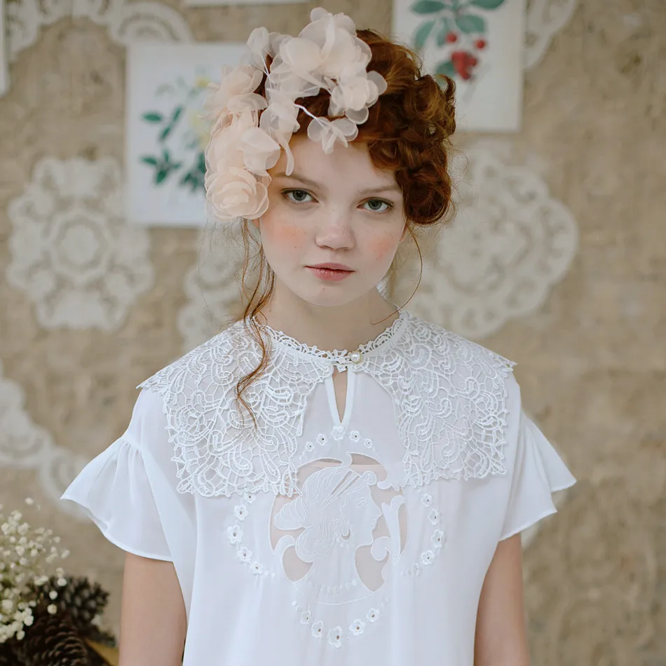 

LYNETTE'S CHINOISERIE Summer Original Design High Quality Paper Cutting Embroidery Lace Collar Double Colorant Match Loose Dress