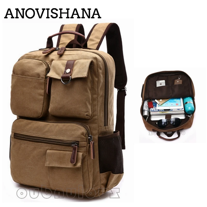 

ANOVISHANA Retro Khaki Washed Canvas Mens Backpack High chic brand deisgn male shoulder bag Large capacity men hand Travel bags