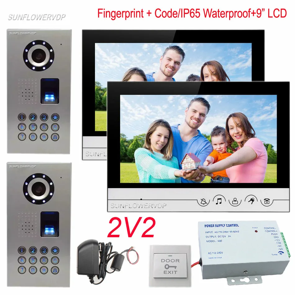 

Video Door Phone IP65 Waterproof Fingerprint Keypad Intercom Video Intercoms 9" Color Monitor Video Call For Smart Home 2v2