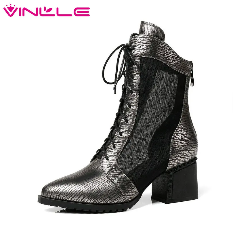 

VINLLE Western Style 2018 Women Pumps Pointed Toe Square High Heel Lace Up Genuine Leather Ladies Wedding Shoes Size 34-43