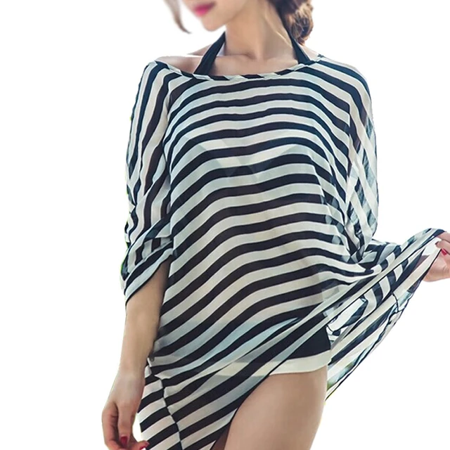 Cheap Women Bikini Swimwear Cover-Up Beach Dress Oversized Chiffon Bathing Suit Black and white stripes Cheap Women Bikini Swimwear Cover-Up Beach Dress Oversized Chiffon Bathing Suit Black and white stripes