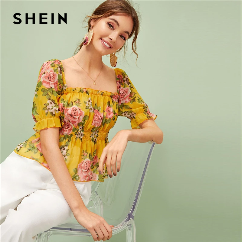 SHEIN женский топ с цветочным принтом и оборкой, с баской, летние, расклешенные, гофрированные блузки, Boho Ginger Ruffle Hem, Женские топы и блузки