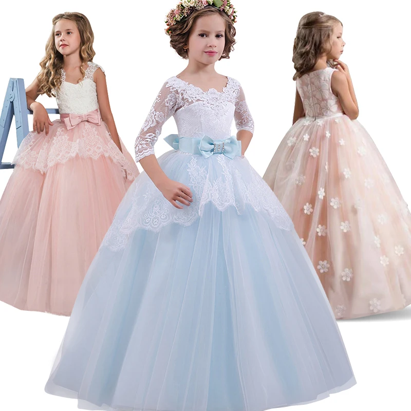 

Princess Lace Girl Dress Kids Flower Dress For Girls Long Evening Gown Children Dresses For Wedding Party Teenagers 8 10 12Yrs