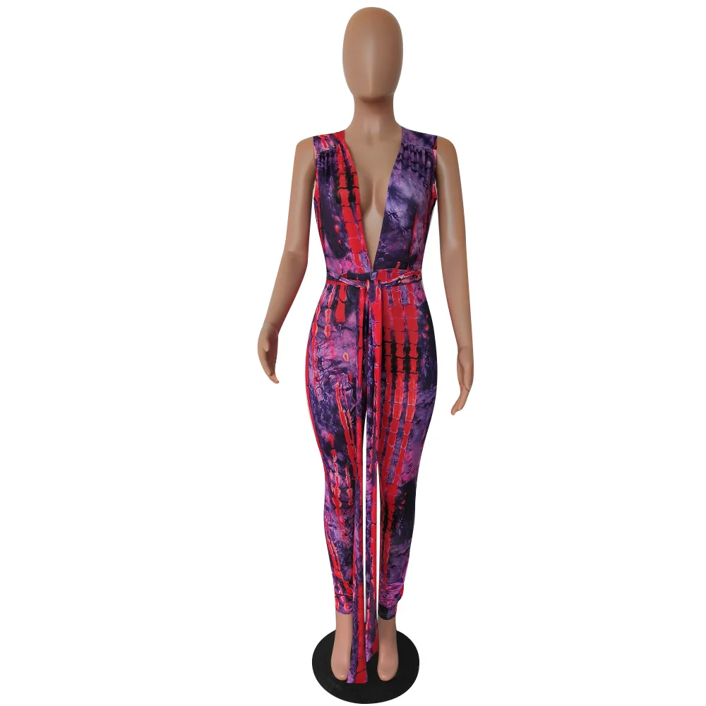 الملونة التعادل صبغ مثير نحيل بذلة النساء عميقة V الرقبة أكمام كامل طول رومبير الصيف عالية الخصر Bodycon حزب ارتداءها