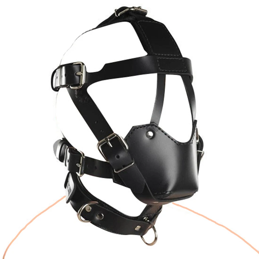 

Hospital Style Head Harness Muzzle Restraints ,Mouth Gag &Collar Hood Strap System ,Leather Face Mask