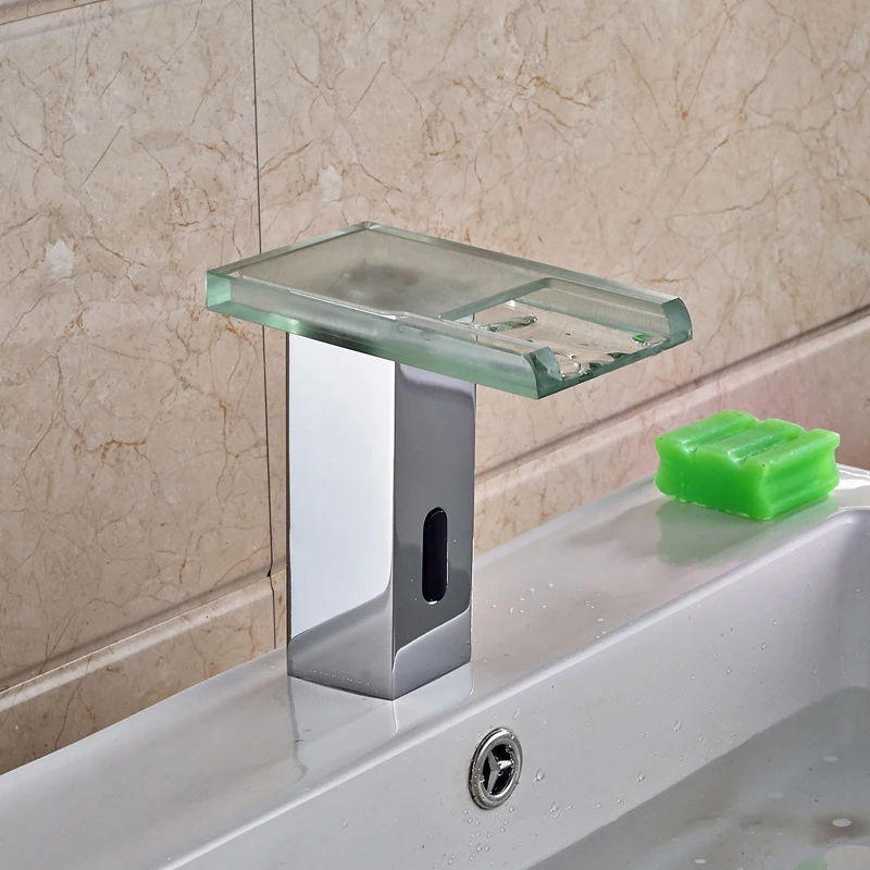 Светодиодный светильник, Бесконтактный автоматический смеситель для ванной комнаты, смеситель для горячей и холодной воды, хромированный полированный