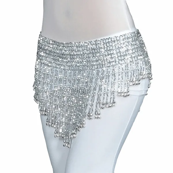 Women Bellydance Clothes Tassel Hip Scarf Belly Dance Elastic Wrapped Belt with Gold/silver Beaded Fringes Silver small bells