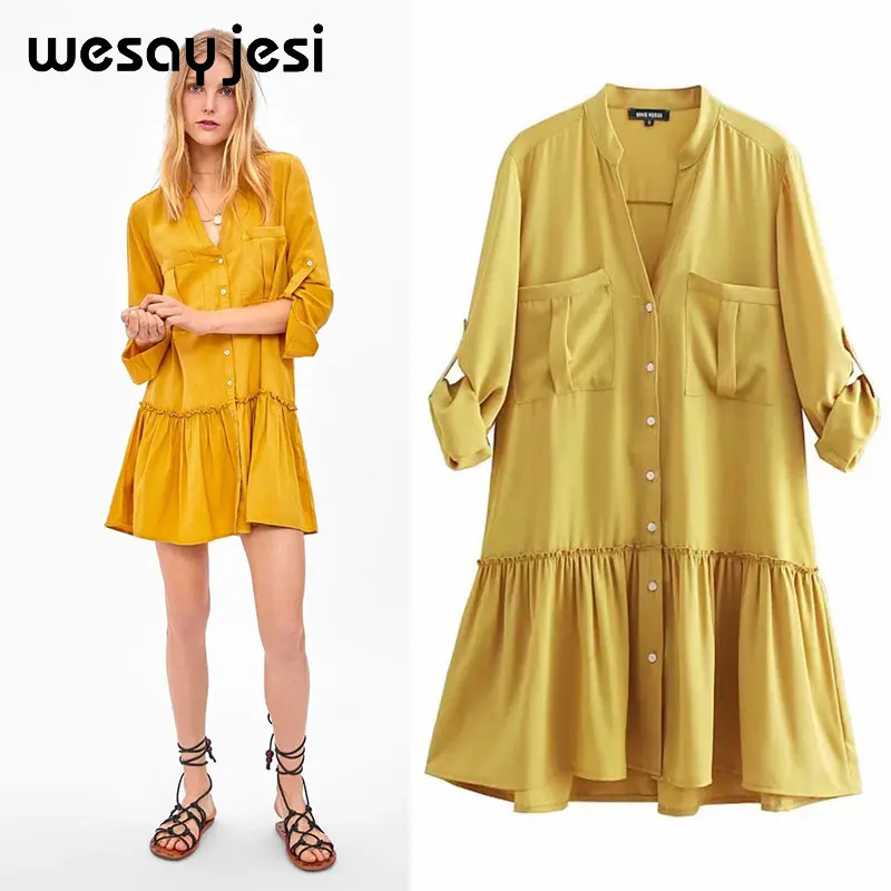 

2019 summer dress women vestidos England style a-line long sleeve pockets above knee mini v neck de fiesta party dress