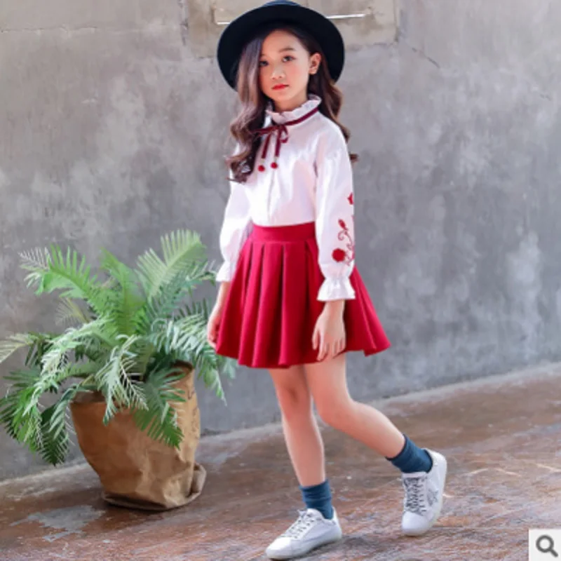 

Girls Dress Clothing Set 2019 New Summer/Spring Kids Clothes Sets Children Embroidery Shirt Skirt Suits 2 Piece Size4-14 ly260