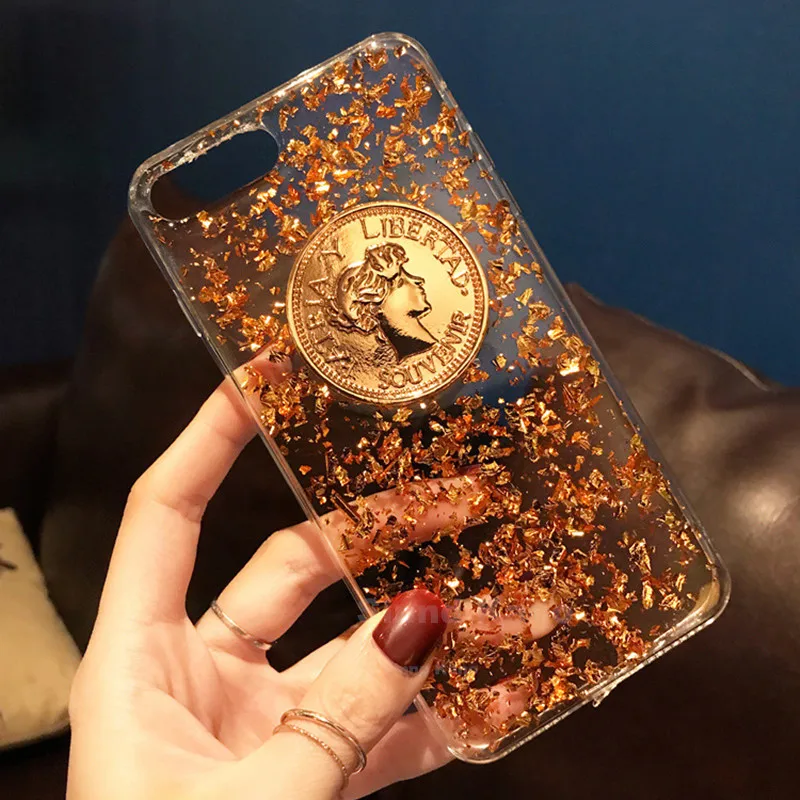 

Glitter Gold Foil Soft TPU Case For iPhone 6 6S 7 8Plus X XR XS MAX XS Fashion Transparent Goddess Coins Cover Phone Accessories