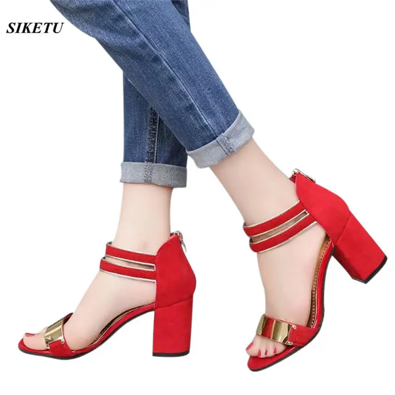 

Red Ladies Sandals Back Zipper Women's Sandals Fashion Casual High Heel Single Shoes zapatos mujer tacon encage women shoes @P