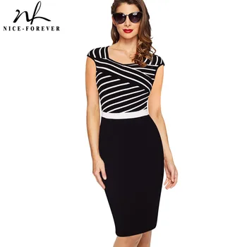 

Nice-forever Vintage Summer Office Women Patchwork vestidos Wear to Work Bodycon Sheath Female Dress B400
