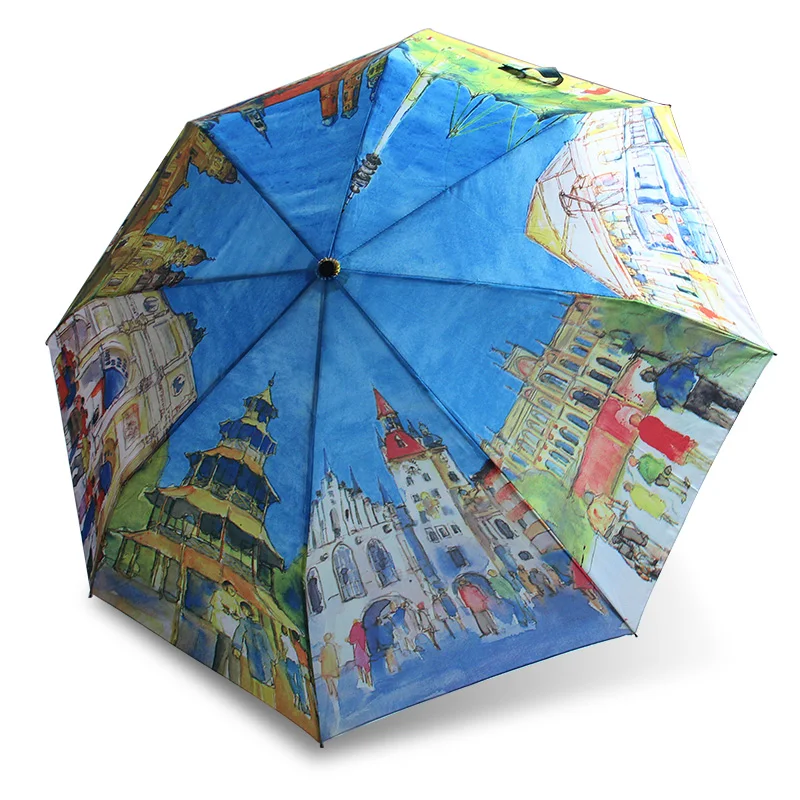 

Hand-made Umbrellas European Countries Oil Painting Umbrella three Folding Woman Anti-uv Sun/Rain Automatic Umbrella Gift