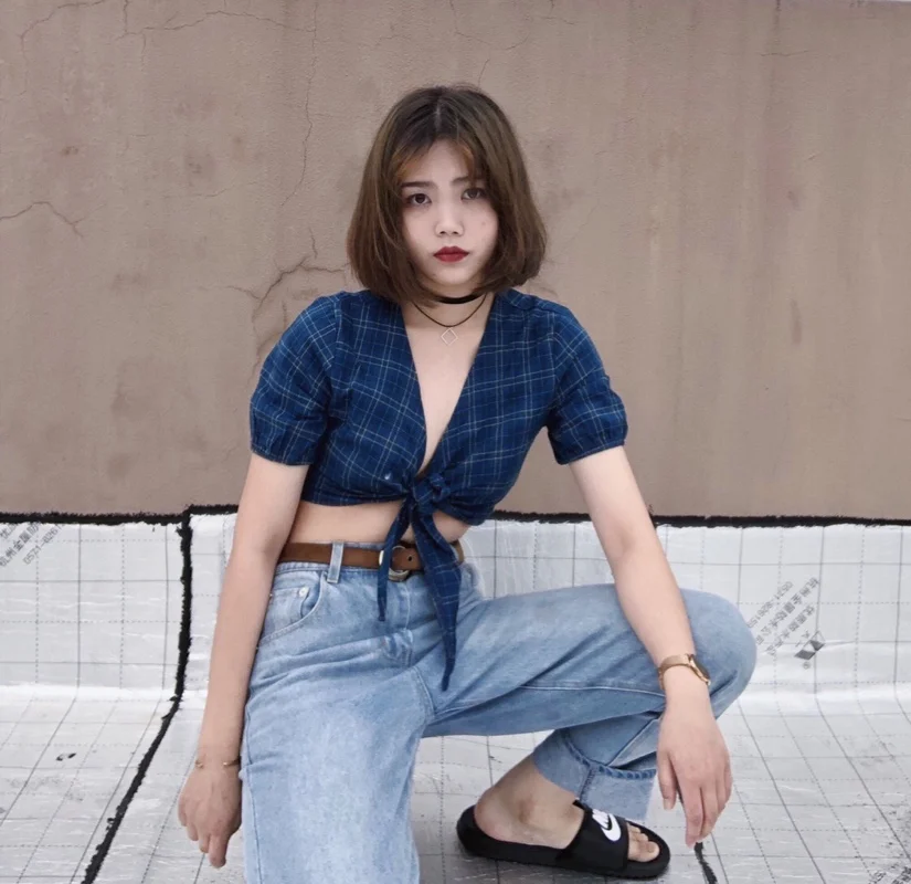 Ins hot summer sexy streetwear hiphop tshirt plaid lacing cropped short crop tops