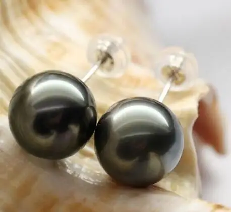 

charming huge 10-11mm tahitian black green round pearl earring 18