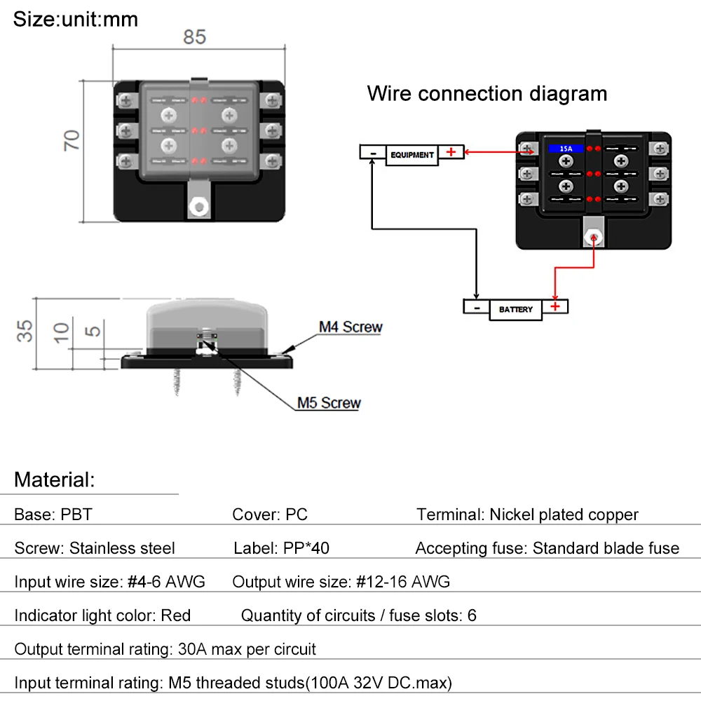 6 Way Blade Fuse Box Holder Standard Blade Fuse Blocks LED Indicator 10Pcs Fuses 10Pcs Terminals for Car Boat Marine Caravan