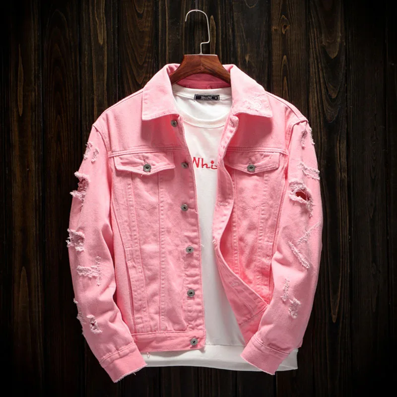 Стиль Для мужчин верхняя джинсовая одежда Для мужчин, Модная Джинсовая куртка джинсы на осень, весну Джинсовые куртки пальто классический розовый - Color: Pink