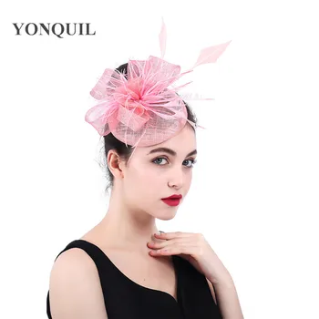 

Sinamay pink wedding prom party headpiece feathers fancy fashion fascinator hat ladies elegant chic headwear hair pin accessory