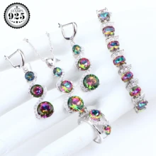 Натуральный Rianbow Циркон Свадебные серебряные 925 комплекты украшений для женщин серьги кольцо Ювелирная подвеска к одежде ожерелье набор подарочная коробка