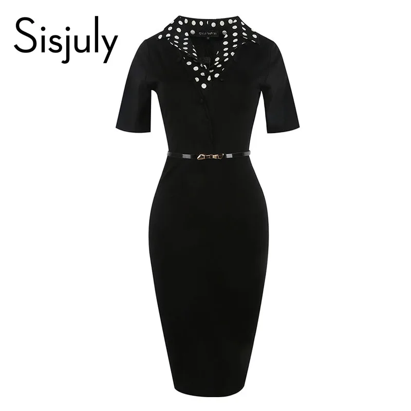 Sisjuly women vintage bodycon dress patchwork 1950s polka dots belts