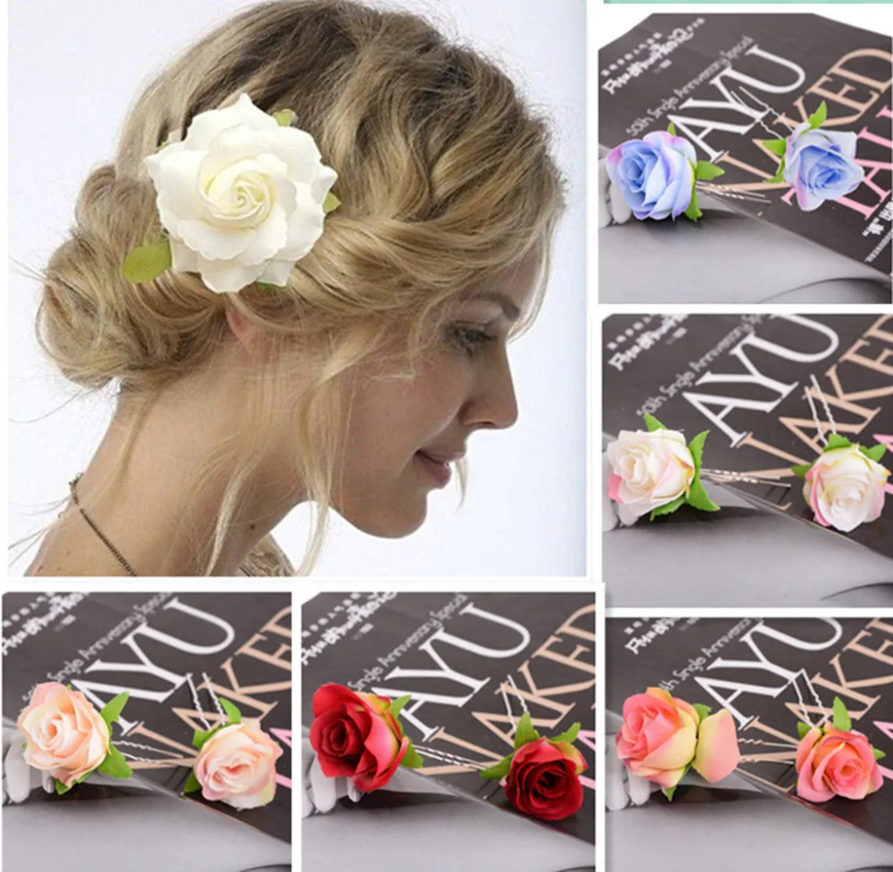 2 pc Imitated Rose Flowers Hair pins Handmade DIY Headdress 8 Colors Accessories for Women Bridal Wedding Jewlery | Украшения и