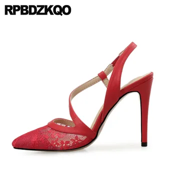 

12 44 Blue Pointed Toe Slingback Bridal Shoes Wedding 11 43 Size 33 High Heels Pumps Women Lace Sandals Scarpin Bride Plus Strap