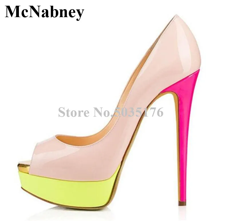 

2019 European Fashion New Mixed Colors Peep Toe Platform Pumps Slip-On Shallow High Heel Stiletto Heel Pumps Dress Women Shoes